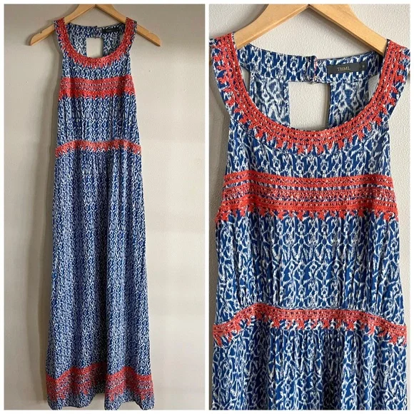 THML Blue Red Embroidered Boho Maxi Dress M Ikat Print Sleeveless Summer - Picture 1 of 7